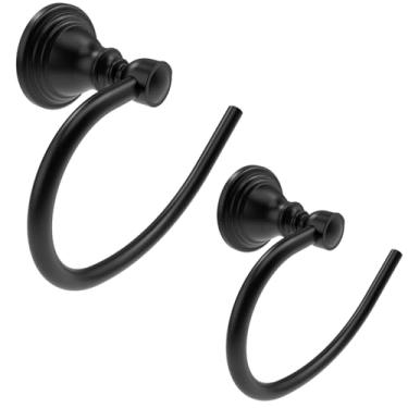 Imagem de WZKALY Pacote com 2, suporte de toalha de mão de aço inoxidável para suporte de parede de banheiro, cabide de toalha resistente para cozinha, banheiro, trailer (preto fosco)