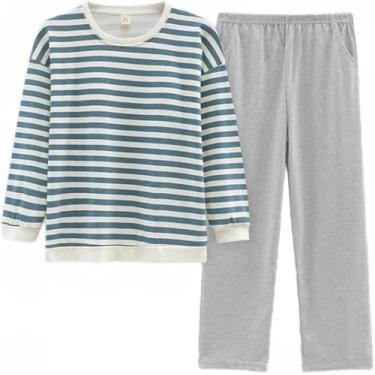 Imagem de Outono Inverno Algodão Bonito Mulheres Pijama Conjuntos Meninas Pijamas Moda Lounge Wear Pijamas Para As Mulheres Coreano Manga Comprida, Stripes, XL