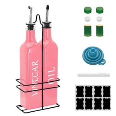 Imagem de Conjunto de dispensador de óleo e vinagre Farmhouse, 500 ml, lindo dispensador de azeite, inclui uma prateleira de aço preto e um funil, galheteiros vintage para vinagre e óleo (rosa)