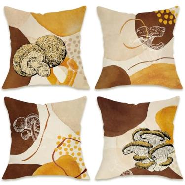 Imagem de Fahrendom Conjunto de 4 capas de almofada decorativas de cogumelo Boho 45,7 x 45,7 cm, arte moderna geométrica abstrata, varanda e pátio, capa de almofada de sofá de fazenda minimalista boêmia