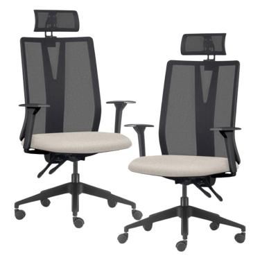 Imagem de Kit 2 Cadeiras Escritório Giratória Presidente Flow F02 Base Preta Linho Bege Claro - Lyam Decor