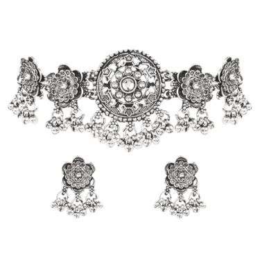 Imagem de I Jewels Colar gargantilha ajustável com motivos florais de prata oxidada com brincos (MC240OX)