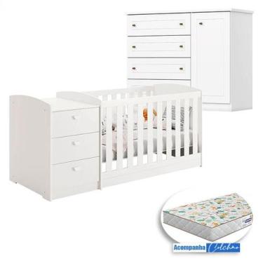 Imagem de Berço Multifuncional Atlanta e Cômoda Infantil Mississipi Henn Branco 