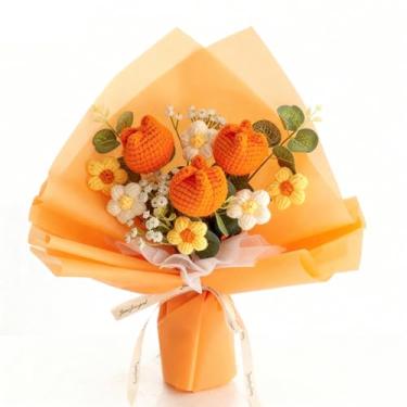 Imagem de Orichane Buquê de flores de crochê feito à mão com tulipa de girassol e margarida rosa