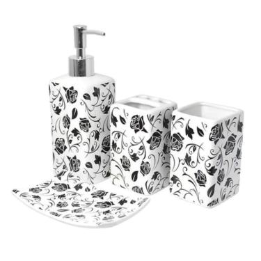 Imagem de  Kit para banheiro 4 peças Cerâmica floral preto e branco