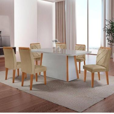 Imagem de Mesa Diane 180cm Mdf Vidro E 6 Cadeiras Melissa Turim 07/off/naturale/serig. Off Com Vidro