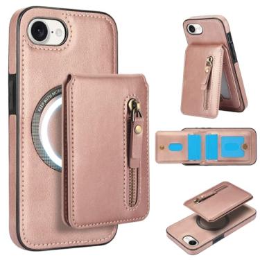 Imagem de Capa carteira removível para iPhone 16e compatível com carregamento Magsafe sem fio com suporte para cartão, bolso com zíper, suporte 2 em 1 à prova de choque (ouro rosa)