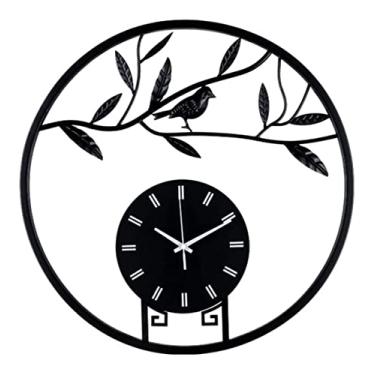 Imagem de XFNVXC Relógio de parede para quarto relógio de parede redondo de metal silencioso pássaro folha tique-taque relógio para sala de estar quarto casa cozinha escola decoração de escritório relógio de