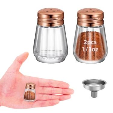 Imagem de 2 mini saleiros e pimenteiros de 8,5 g – Mini saleiro pequeno, saleiro transparente, recipientes pequenos de tempero de vidro, pequenos potes de tempero portáteis para cozinha, piquenique (2, ouro