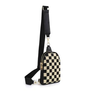 Imagem de Bolsa tiracolo feminina xadrez, listrada, pochete para trabalho e compras, Preta (bolsa de peito)
