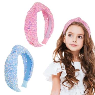 Imagem de Melbelia Faixas de cabelo com nó para meninas, antiderrapantes para meninas, faixas de cabeça com nó largo, para mamãe e eu, acessórios de cabelo turbante femininos (azul glitter e rosa brilhante, 2