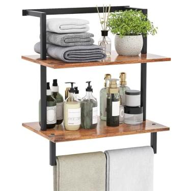 Imagem de yeavs Toalheiro de parede para banheiro, suporte de armazenamento de banheiro, prateleira de toalha de madeira de aço de 3 camadas com barra, marrom rústico
