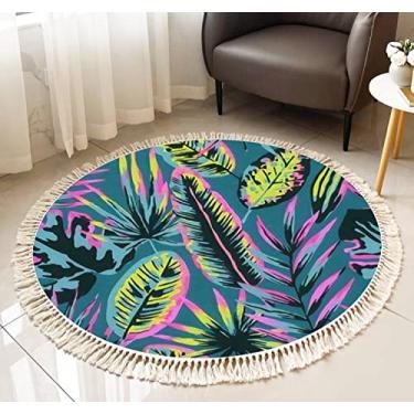 Imagem de Tapete redondo com franja sem costura moderno neon folhas tropicais plantas para design têxtil boho tapete de linho tecido à mão pátio corredor corredor tapete decoração de casa sala de estar mesa de