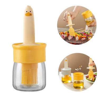 Imagem de Garrafa dispensadora de óleo de cozinha de 200 ml com escova para cozinha, linda garrafa de vidro de silicone para cozinhar churrasco, recipiente multifuncional para presente (amarelo)