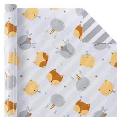 Imagem de WRAPAHOLIC Rolo de papel de embrulho reversível para chá de bebê - Mini rolo - 43 cm x 3 metros - Adorável porco-espinho e papel de embrulho listrado perfeito para chá de bebê neutro, aniversário de