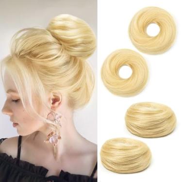 Imagem de TANJET Pedaço de cabelo de coque bagunçado loiro ondulado rosquinha elástica 100% cabelo humano real despenteado Chignons Scrunchies extensões de rabo de cavalo para mulheres (#613 Loiro 2 peças)