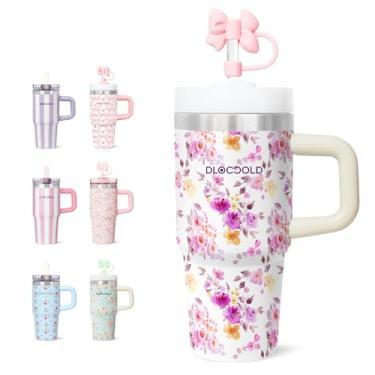 Imagem de DLOCCOLD Copo de aço inoxidável de 473 ml com tampa e canudo, copo de viagem isolado a vácuo de parede dupla com tampa de palha, caneca de café de viagem reutilizável, compatível com porta-copos