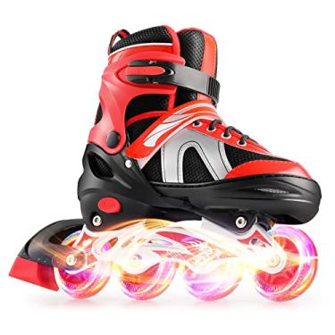 Imagem de Likein Lâminas de rolo ajustáveis para meninos e meninas com bolsa de skate, patins iluminados em linha com 8 rodas iluminadoras, patins para crianças iniciantes, homens, mulheres