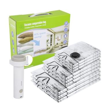 Imagem de Fohil Pacote com 9 sacos de vedação a vácuo com bomba elétrica, bolsa de compressão para bagagem de mala, bolsa de vedação a vácuo para roupas, sacos economizadores de espaço para roupas, cobertor