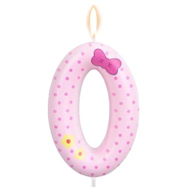Imagem de Velas de Aniversário com Laço Rosa, Velas Rosa e Brancas de Bolinhas Gato Desenho Animado Decoração Bolo Topo Vela para Meninas Mulheres Casamento Aniversário Festa (Número 0)