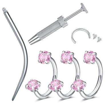 Imagem de LAURITAMI Piercing de nariz em ferradura 18G, piercing de nariz de aço cirúrgico, zircônia cúbica rosa, anéis de nariz roscados internamente para mulheres, zircônia rosa e prata