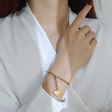 Imagem de Pulseira de coração feminina de aço inoxidável, corrente de cabo dourado, pingente ajustável, hipoalergênico, joia presente para festa de aniversário e aniversário, Length 7.5 inches (19 cm), Aço