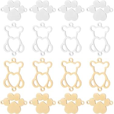 Imagem de 16 peças, 2 estilos de conectores de urso vazados de cor dourada e aço inoxidável com pingente de estampa de pata de coração, elos fofos de ursinho de pelúcia para colar, pulseira, joias, faça você