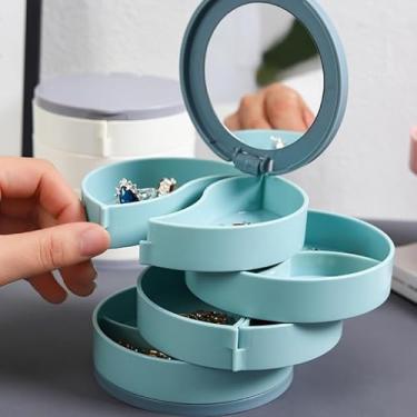 Imagem de Organizador de joias, pequena caixa de armazenamento de joias rotativa de 4 camadas com tampa para pulseiras, anéis, brincos, presente para mulheres, azul