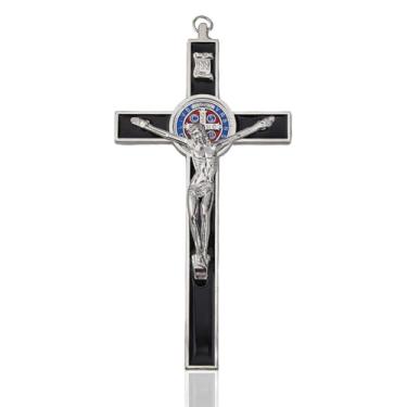 Imagem de DICOSMETIC 1 peça pequena cruz de parede de liga de 19,2 x 9,8 cm crucifixo de esmalte preto crucifixo Jesus Cristo crucifixo católico cristão cruz decoração presentes de Páscoa para mulheres e homens