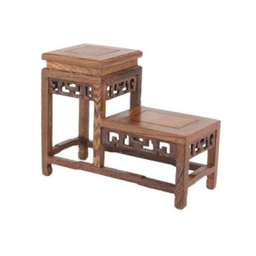 Imagem de suporte para bonsai Plataforma de decoração para bonsai com degraus altos e baixos, entalhe em madeira oca(Grande)