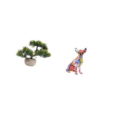 Imagem de Fenteer Coleção de Folhagens Artificiais de Bonsai, Arranjos de Mesa com Plantas Artificiais, Estátua de Cachorro Colorida, Escultura Colecionável Multicolori