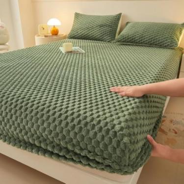 Imagem de Protetor de colchão de veludo de pelúcia quente para o inverno, lençol com elástico alto, colcha ultramacia e fofa, amiga da pele, respirável, verde | 200 x 220 cm