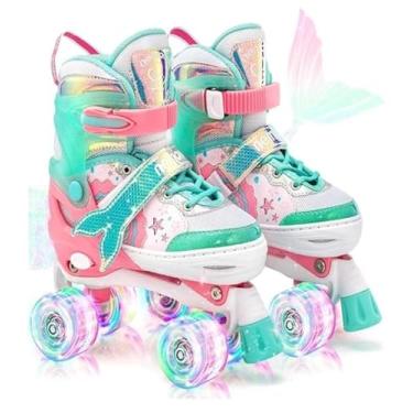 Imagem de Patins 4 Rodas Infantil com Luzes LED, Ajustável, Design moderno, Rodas de Poliuretano, para Iniciantes, Unisex (Sereia Verde, M - 32 a 35)