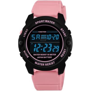 Imagem de findtime Relógio de pulso feminino digital pequeno e simples com alarme/cronômetro/5 ATM à prova d'água/luz traseira de LED, Rosa, preto, Casual