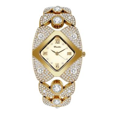 Imagem de Gosasa Relógio feminino elegante com pulseira de diamante, joias modernas, vestido de pulseira, à prova d'água, romano, analógico, quartzo, presente para mulheres, Dourado, Luxuoso