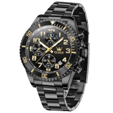 Imagem de OLEVS Relógios masculinos clássicos, de aço inoxidável, com mostrador grande, casual, de quartzo, analógico, à prova d'água, de quartzo, moderno, fácil de ler, mostrador masculino, azul/preto/dourado
