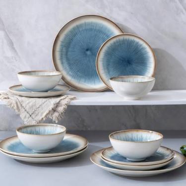 Imagem de WHITEPEONY Conjunto de louça de grés azul, 12 peças, mármore listrado azul, seguro para lava-louças e micro-ondas