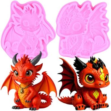 Imagem de MIYAHOUSE Dragon Fondant Moldes de silicone para decoração de bolos, topo de cupcake, pasta de goma de chocolate, argila de polímero, conjunto de 2