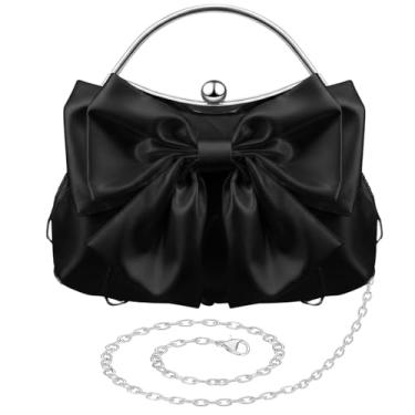 Imagem de Dansydaisy Coquette Bolsa clutch feminina plissada com laço de cetim bolsa de noite com corrente transversal para festa de casamento, Preto
