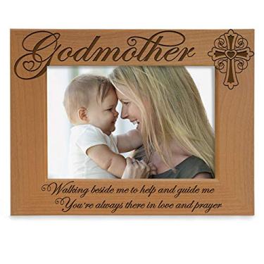 Imagem de Kate Posh moldura de madeira natural gravada para madrinha, decoração de cruz, presente de madrinha de afilhado, presentes de batismo, presentes religiosos católicos, presentes de agradecimento, Natural Real Wood, 5x7 Horizontal (Godmother)