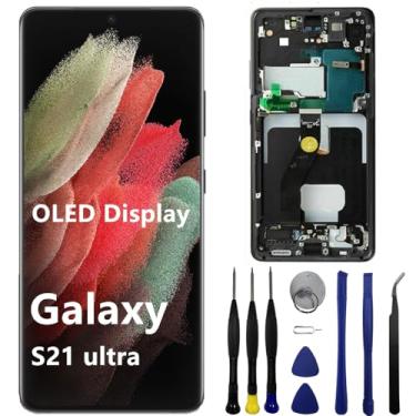 Imagem de Tela OLED para Samsung Galaxy S21Ultra S21U 5G SM-G998U SM-G998U1 SM-G998W SM-G998W SM-G998B Tela LCD sensível ao toque com suporte para impressão digital e S-Pen (com moldura preta + ferramentas)