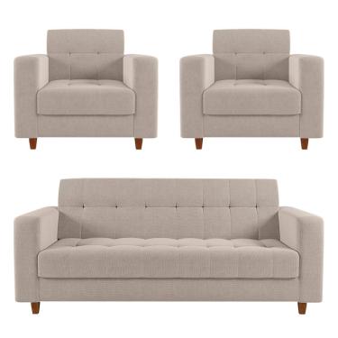 Imagem de Sofá 2 Lugares E 2 Poltronas Pé Madeira Castanho Arezo Linho D01 - D'rossi A27 Areia