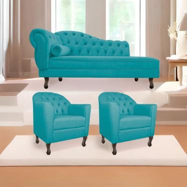 Imagem de Kit Diva 185Cm Lado Direito E 02 Poltronas Julia Suede - Doce Sonho Móveis Azul Turquesa