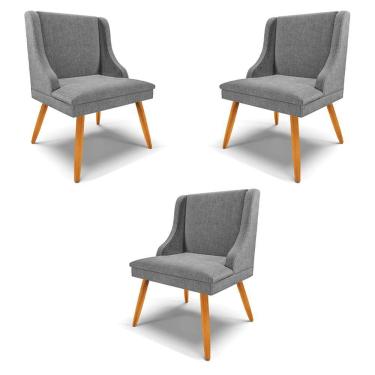 Imagem de Kit 3 Cadeiras Decorativas Sala De Jantar Pés Palito De Madeira Firenze Linho Grafite/natural G19