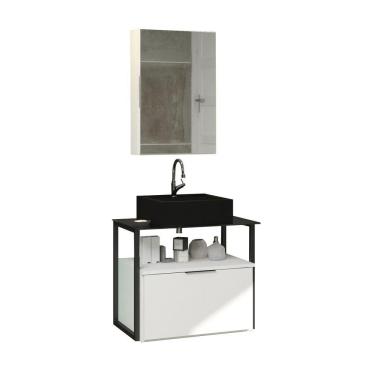 Imagem de Conjunto Gabinete Urbe 60cm Branco Inteiro Tampo Preto Cuba Preto