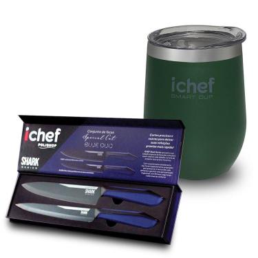 Imagem de Facas Ichef Special Cut Azul E Copo Térmico Com Tampa Ichef Smart Cup 350ml | Copo Verde
