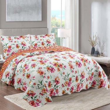 Imagem de Kit Cobre Leito Colcha Daily Queen 3 Peças Dupla Face Estampado Floral - Lilian Laranja