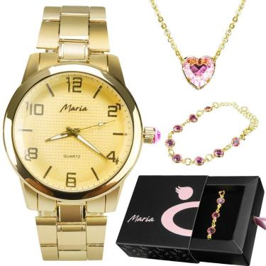 Imagem de Pulseira + Colar Coração + Relogio Feminino Dourado Strass Aço Inoxidavel Casual Social