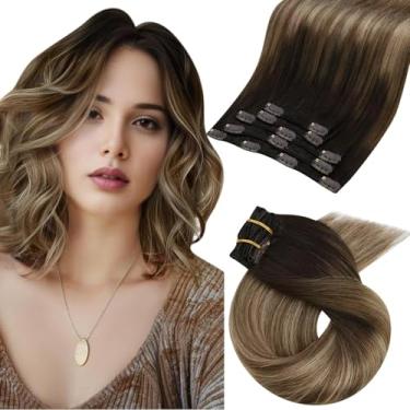 Imagem de Moresoo Prendedor de extensões de cabelo humano com trama dupla espessa, 25,4 cm, cor nº 4, marrom desbotando para #10, marrom dourado misturado com #16 Loiro Dourado Remy Clip em extensões de cabelo humano liso 70G/5 peças