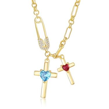 Imagem de SilvecFantasy Colar de cruz de ouro para mulheres, pingente de cruz dupla de 14 K, pino de segurança delicado, 2 pedras do nascimento, clipe de papel, corrente de fé, joias modernas, presentes